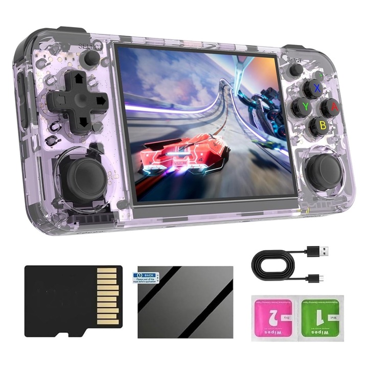 Преносима игрова конзола с 64GB TF, Hggzeg, RG35XX Двоен рокерски геймплейър с 3,5-инчов голям HD екран, Над 5000 инсталирани игри, 3300mAh батерия, Конзолата поддържа двама играчи, HDMI видео изход, Прозрачно лилаво