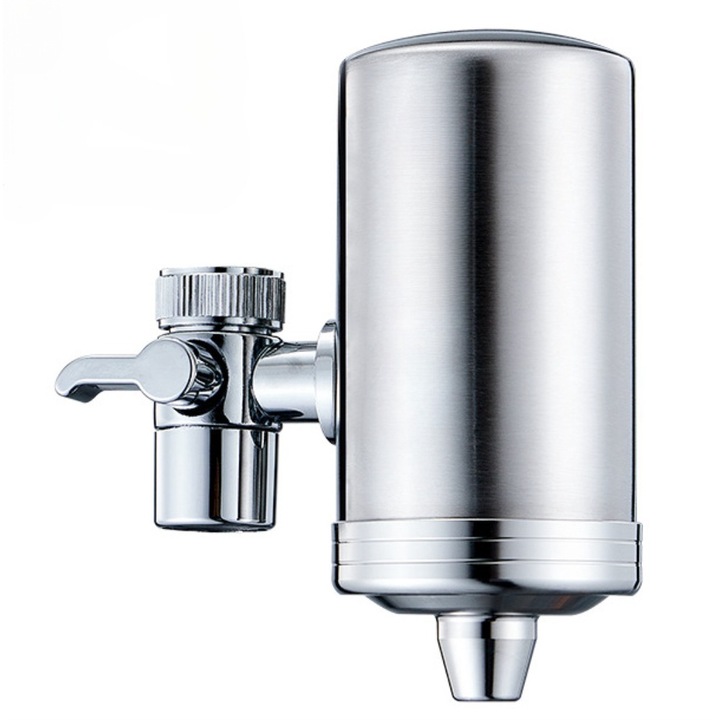 Filtru de apa potabila, montare la robinetul de la chiuveta, carbune activ, elimina impuritatile, metalele grele, trateaza apa, Otel inoxidabil, element filtru ceramic, lavabil, mod dublu de evacuare a apei,110*127mm, gri argintiu