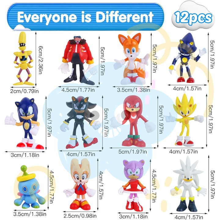 OEM 12 db sonic figurából álló készlet, Sonic tortafigura, Sonic the Hedgehog gyűjthető figurák, Sonic tortadíszek, Többszínű, PVC, 3 év+