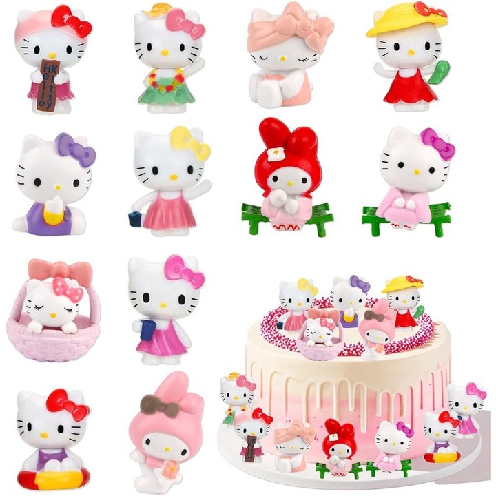 Комплект от 12 фигурки Hello Kitty, фигурка Hello Kitty Cake, фигурки Hello Kitty, декорации за торта Hello Kitty, многоцветни, PVC, 3 години+