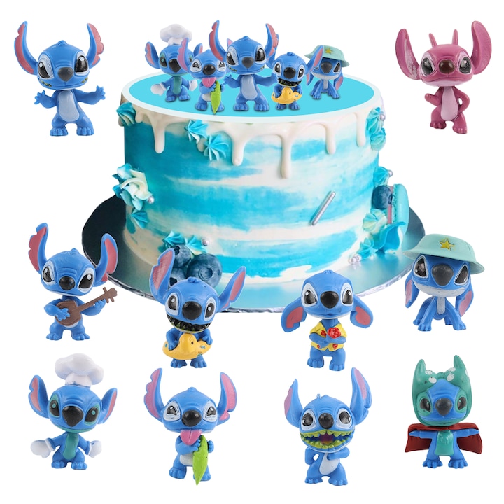 10 db Stitch figura készlet, Lilo & Stitch torta figura, Stitch gyűjthető figurák, Lilo & Stitch tortadíszek, kék, PVC, 3 év+