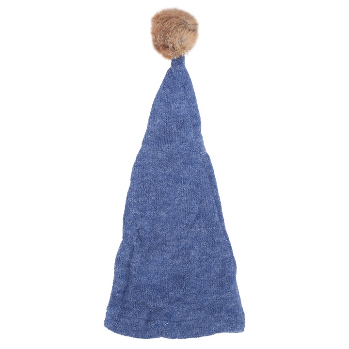 Плетена шапка за бебе, с дълга опашка и помпон, синя, 0-1 месец