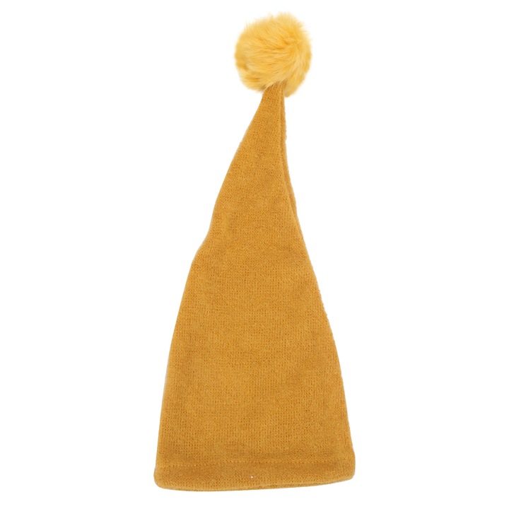 Плетена шапка за бебе, с дълга опашка и помпон, жълта, 0-1 месец