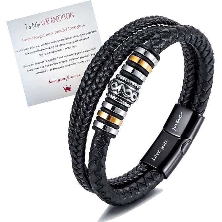 Подаръчен комплект за мъже, 3-редна гривна от еко кожа, гравиран надпис "Обичам те завинаги", с картичка "На моя внук"