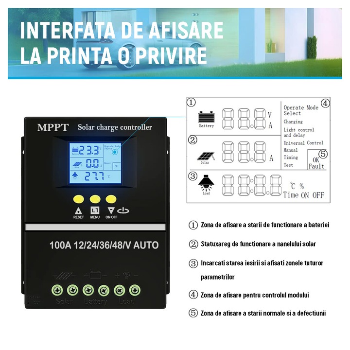 Controler de incarcare solar 100A, MPPT,12V/24V/36V/48V, Regulator inteligent cu port USB dublu, Parametrul automat PWM, display LCD, 7 moduri de functionare, 6 protectii functionale, OUYLAF, Negru
