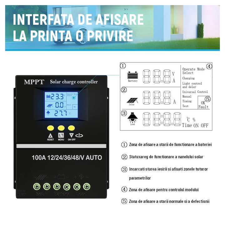Controler de incarcare solar 100A, MPPT,12V/24V/36V/48V, Regulator inteligent cu port USB dublu, Parametrul automat PWM, display LCD, 7 moduri de functionare, 6 protectii functionale, OUYLAF, Negru