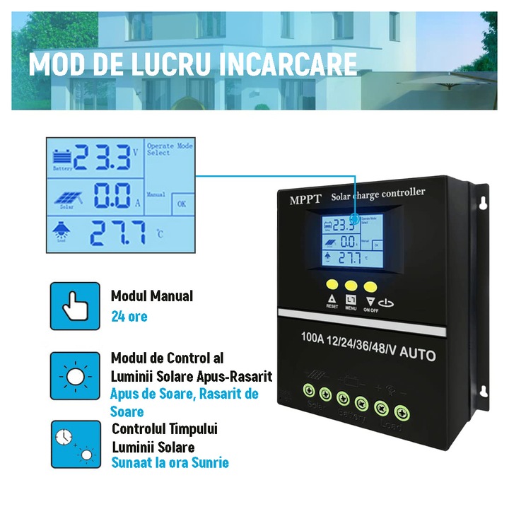 Controler de incarcare solar 100A, MPPT,12V/24V/36V/48V, Regulator inteligent cu port USB dublu, Parametrul automat PWM, display LCD, 7 moduri de functionare, 6 protectii functionale, OUYLAF, Negru