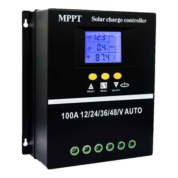 Controler de incarcare solar 100A, MPPT,12V/24V/36V/48V, Regulator inteligent cu port USB dublu, Parametrul automat PWM, display LCD, 7 moduri de functionare, 6 protectii functionale, OUYLAF, Negru