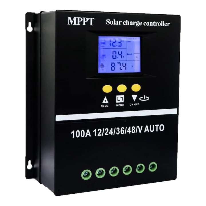 Controler de incarcare solar 100A, MPPT,12V/24V/36V/48V, Regulator inteligent cu port USB dublu, Parametrul automat PWM, display LCD, 7 moduri de functionare, 6 protectii functionale, OUYLAF, Negru