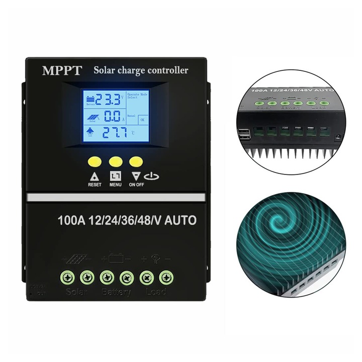 Controler de incarcare solar 100A, MPPT,12V/24V/36V/48V, Regulator inteligent cu port USB dublu, Parametrul automat PWM, display LCD, 7 moduri de functionare, 6 protectii functionale, OUYLAF, Negru