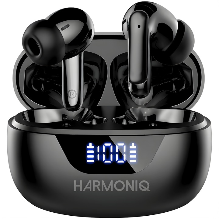 Безжични слушалки Harmoniq®️, Bluetooth слушалки с вградено шумопотискане (ANC + ENC), Аудио слушалки, Цифров дисплей, Bluetooth 5.4, 42 часа батерия, HD аудио микрофон, IPX-4 Водоустойчив, Универсална съвместимост, Слушалки с ергономичен дизайн, Черен