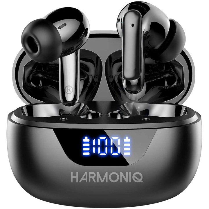 Безжични слушалки Harmoniq®️, Bluetooth слушалки с вградено шумопотискане (ANC + ENC), Аудио слушалки, Цифров дисплей, Bluetooth 5.4, 42 часа батерия, HD аудио микрофон, IPX-4 Водоустойчив, Универсална съвместимост, Слушалки с ергономичен дизайн, Черен