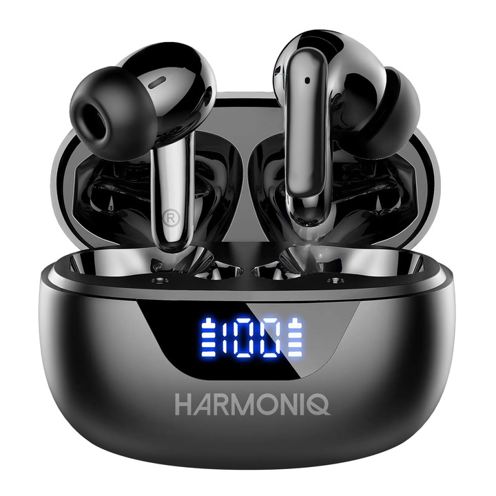 Безжични слушалки Harmoniq®️, Bluetooth слушалки с вградено шумопотискане (ANC + ENC), Аудио слушалки, Цифров дисплей, Bluetooth 5.4, 42 часа батерия, HD аудио микрофон, IPX-4 Водоустойчив, Универсална съвместимост, Слушалки с ергономичен дизайн, Черен