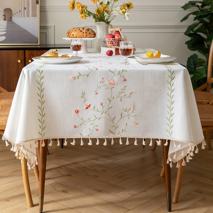 Fata de masa cu broderie florala, fata de masa din bumbac grea, fara riduri, pentru utilizare in exterior si in interior, dreptunghi, 140*220 cm