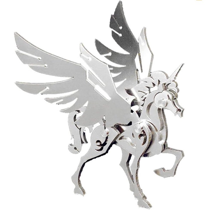 Метален пъзел, Еднорог, 3D, Образователен, 11 части, комплект с включени инструменти, OUYLAF, сребрист