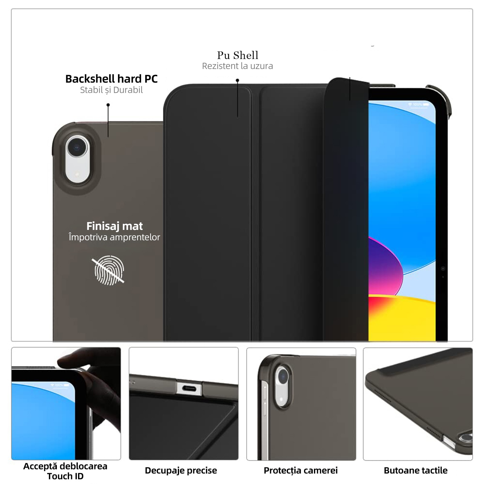 Husa tableta de protectie, Bolongking, Compatibila Apple iPad 10 10.9 inch 2022, tableta cu suport pentru creion, Negru