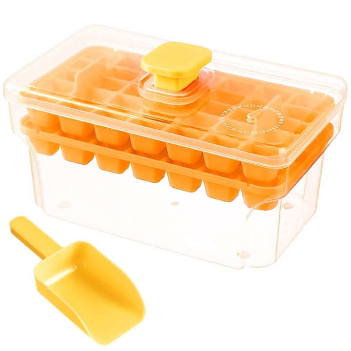Forma cuburi de gheata, Momcbebe, cu lopatica, 68 grile, 19x11x10cm, galben