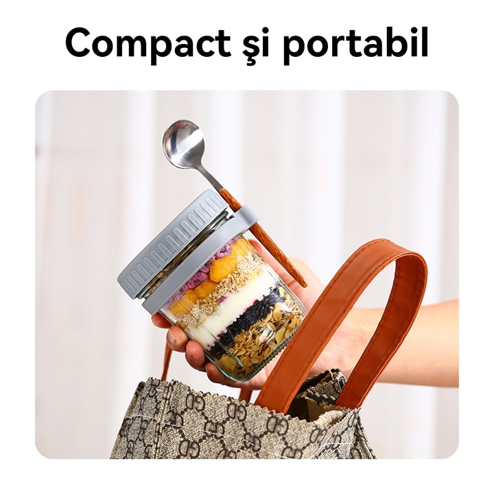 Cupa de Mic Dejun din Sticla Tressino, cu Capac si Lingura, Reutilizabil, Cutie Alimentara pentru Ovaz, 350ml, 2 Piese