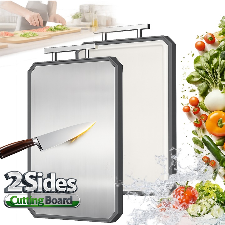 Tocator din otel inoxidabil, Tressino, Tocator de bucatarie, Tablita din inox si PP, Design dublu fata, Sant de scurgere pentru sucuri, Cu margine antiderapanta si maner metalic, Antibacteriana si rezistenta la mucegai, Usor de curatat, 38x28x2 CM