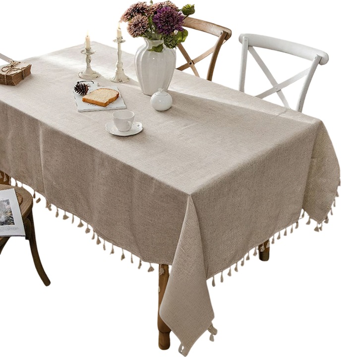 Fete de masa cu franjuri, Tressino, Eleganta si rezistenta la praf pentru bucatarie, Usor de curatat, Reutilizabila, Rezistent la riduri, decor pentru petreceri, Masa de sufragerie, Franjuri boeme, Din in si bumbac, 140x200cm, Bej