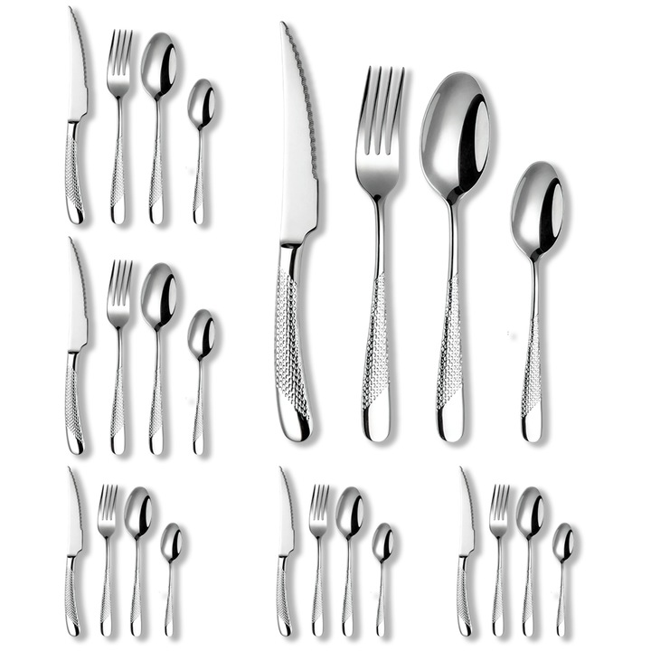 24 részes evőeszközkészlet (6 személyes), Tressino, fekete, arany, ezüst és arany-ezüst, elegáns rozsdamentes acél evőeszközök teljes készlete, 6 kés, 6 villa, 6 kanál és 6 teáskanál - tökéletes ünnepi étkezésekhez és mindennapi használatra