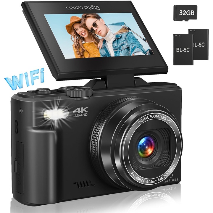 Excitat® digitális fényképezőgép, 64 MP 4K, 3,0 hüvelykes LCD, 180°-os fordítható képernyő, 18-szoros zoom, rázkódásgátló, WIFI, 32G SD kártyával, fekete