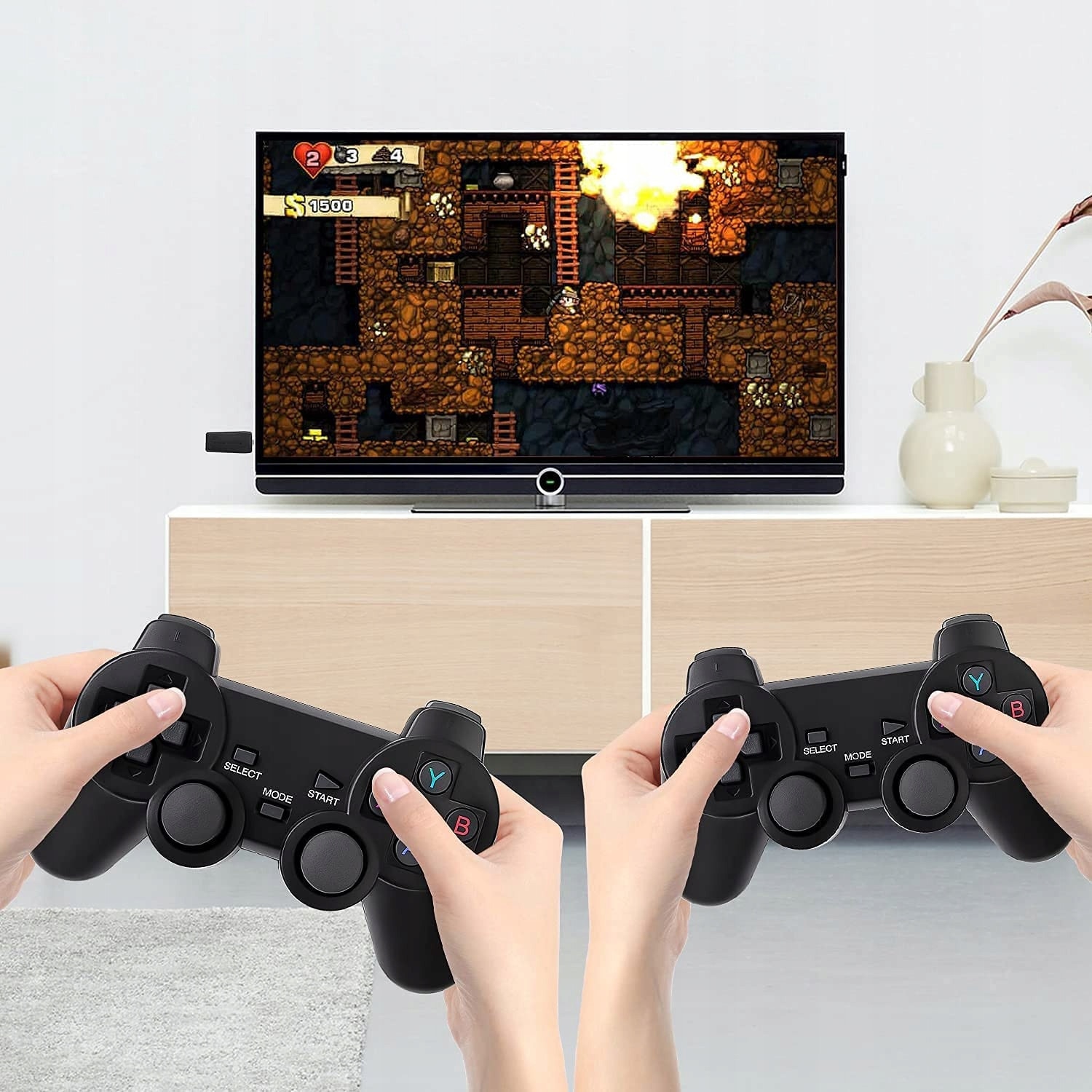 Set consola jocuri de jocuri retro, AKKEE, Portabila, cu 20000 de jocuri incorporate, cu 2 controler wireless, HDMI, USB wireless 2.4 GHz, 64GB, Plug si Play, Negru