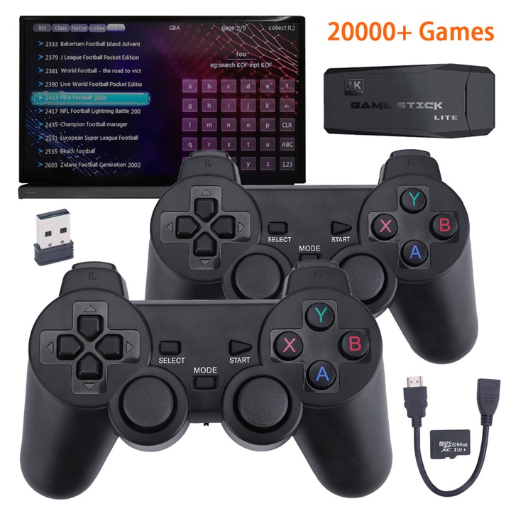 et Consola jocuri tip stick, AKKEE, Consola de jocuri retro, Cu 20000 de jocuri incorporate, Cu 2 controler wireless, HDMI, USB wireless 2.4 GHz, 64GB, Plug si Play, Pentru TV, Proiector, Monitor, Negru