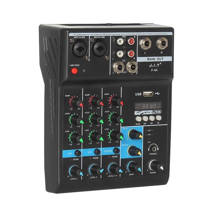 Професионален аудио миксер, 4 канала, Bluetooth, USB съвместим, Flash Reader, MP3, 48 V, Plug and Play, OUYLAF, черен