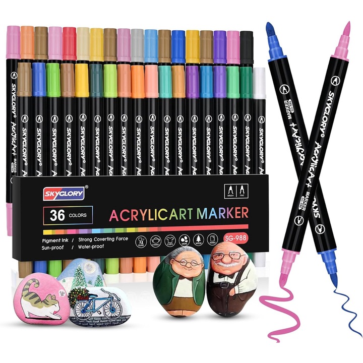 36 db kétvégű akril marker készlet, AKKEE, többszínű, 3mm és 1-2mm, 17cm