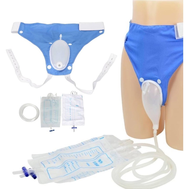 Vizeletinkontinencia készlet, PsAyl, női szilikon húgyúti katéter 2 steril vizeletzsákkal és leeresztő tömlővel univerzális rögzítéssel, női, kék/átlátszó
