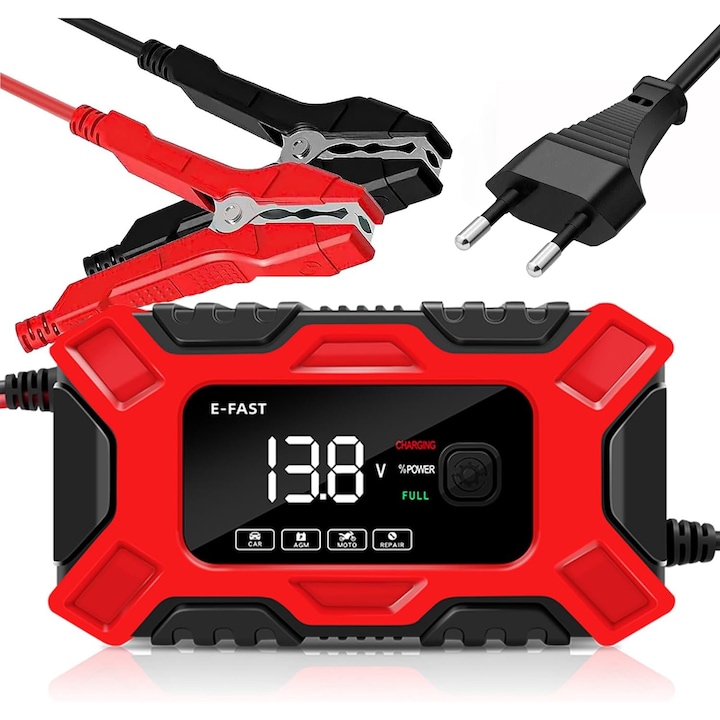 Цифров токоизправител за кола, Excitat®, TK-300, Четири режима, Множествена защита, Зарядно устройство с LCD дисплей, Регулируем ъгъл, Мотоциклет, кола, офроуд автомобил, 12V 6A, Регулиране на напрежението, Червен/Черен