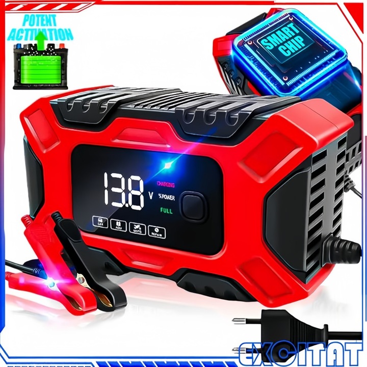 Redresor auto digital, Excitat®, TK-300, Patru moduri, Protectie multipla, Incarcare baterii cu afisaj LCD, Unghi reglabil, Motocicleta, masina, vehicul off-road, 12V 6A, Reglarea tensiunii, Rosu/Negru