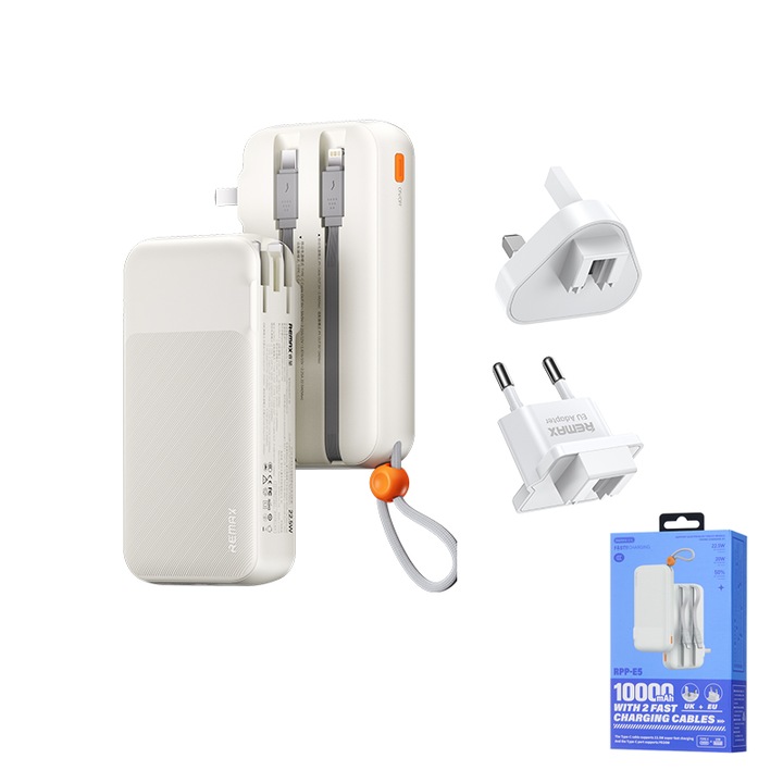 Power Bank 22,5 W QELIRA, gyorstöltő integrált Type-C kábelekkel, 4 kimenet, 2 bemenet, hordozható fogantyú, EU/UK adapter, fehér, 10000mAh