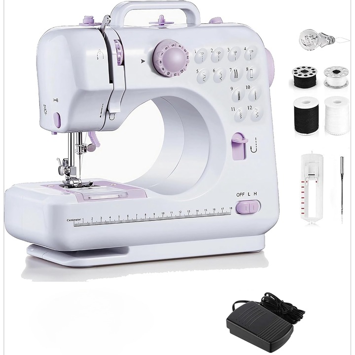 Mini masina de cusut pentru incepatori, 12 tipuri de cusaturi, 2 viteze, Pedala, Iluminare LED, Alb/Roz