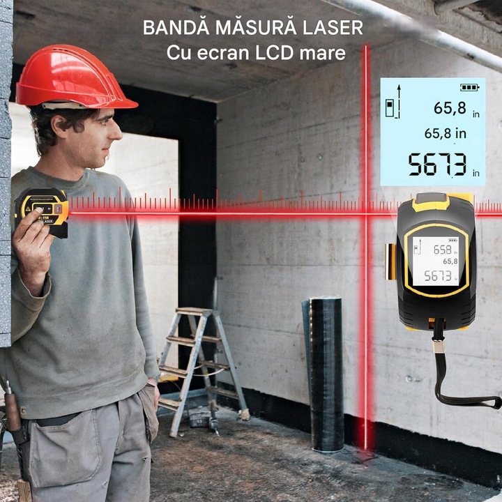 Лазерен далекомер, лазерна измервателна лента 3 в 1 60 м, акумулаторен измервателен уред и измервателна лента 5 м, лазер с кръстосана линия, измервателна лента, памет с 20 показания
