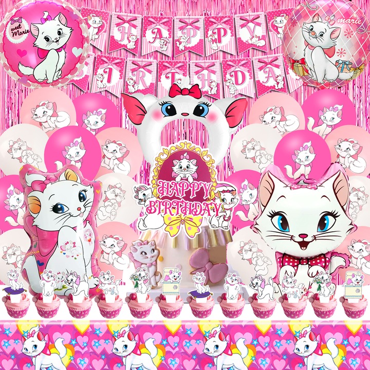 Marie party szett, Marie Kitty latex lufi, transzparens, Marie figura fólia lufi, Marie Kitty fólia lufi, terítő, Marie tortadíszek, esőfüggöny