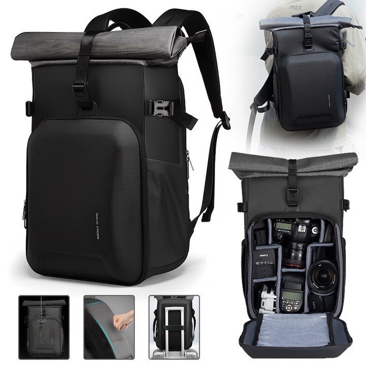 MARK RYDEN Rucsac avion, Rucsac de calatorie si sport in aer liber, 48x27x19 cm, Extensibil 20-35L, Negru, Impermeabil, USB, Pentru Laptop (15.6"), Drone & Camera
