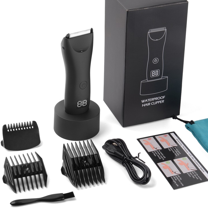 Masina de tuns par de corp pentru barbati, masina de tuns cu bile electrica cu lama ceramica, masina de tuns par pubian impermeabila pentru kit de ingrijire pentru barbati cu afisaj LCD si statie de reincarcare negru