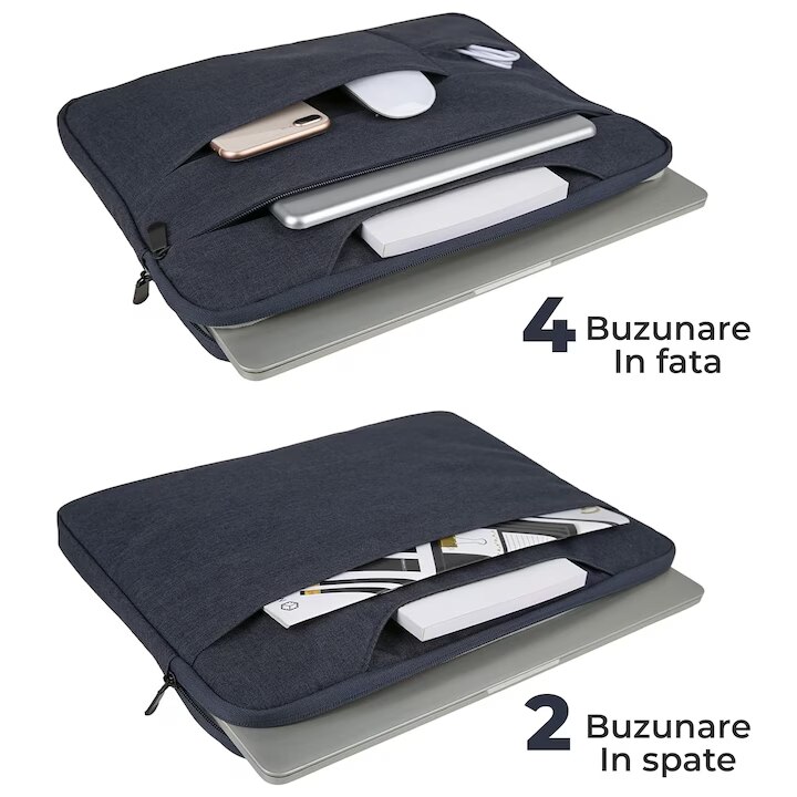Geanta laptop portabila KLKIT, albastru, 13x16 inch, impermeabila, 3 buzunare exterioare