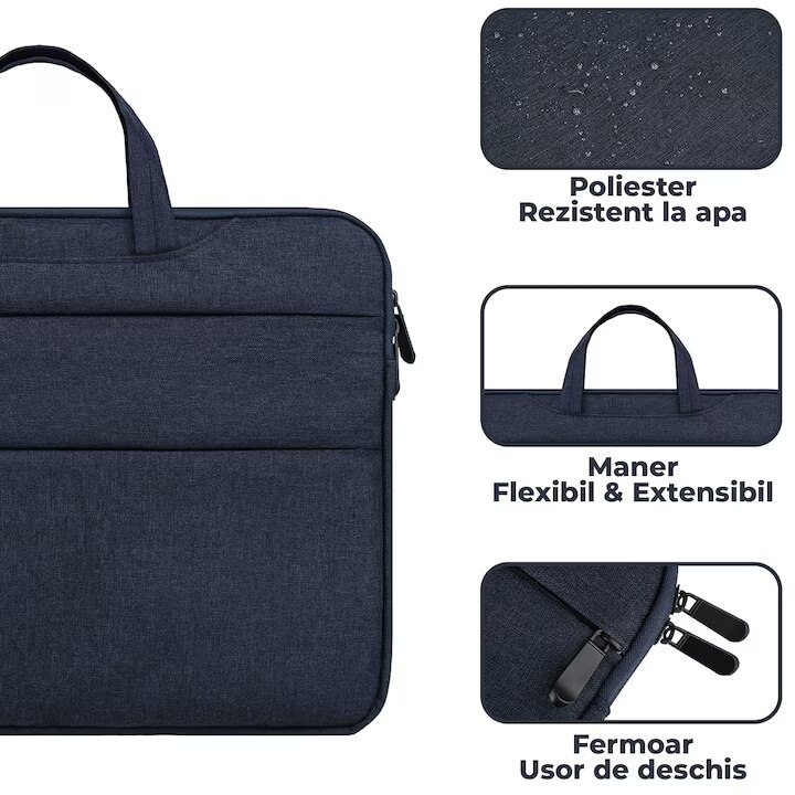 Geanta laptop portabila KLKIT, albastru, 13x16 inch, impermeabila, 3 buzunare exterioare