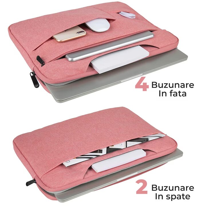 Geanta laptop portabila KLKIT, 13x16 inch, impermeabila, roz