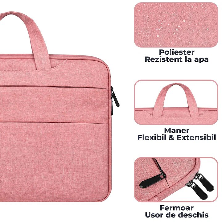 Geanta laptop portabila KLKIT, 13x16 inch, impermeabila, roz