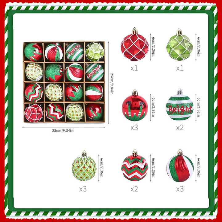 Globuri de Craciun, Enforose, set 16 buc, plastic rezistent, pentru brad, feronerie, usi