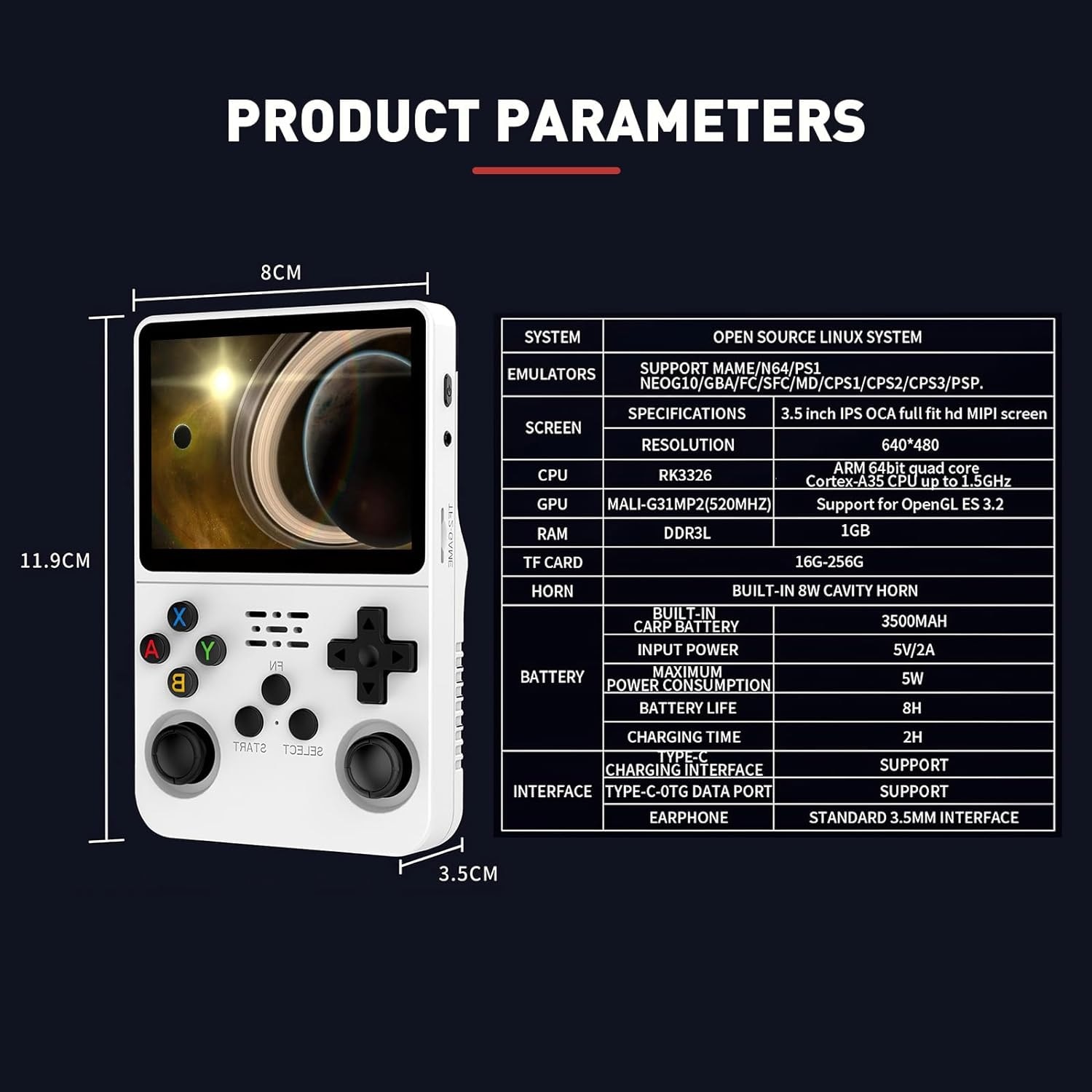 Consola R36S portabila retro, Bedee®, 32GB, cu Card Incorporat de 128GB, 21000 jocuri, ArkOS 2.0, IPS LCD 3.5", CPU RK3326, GPU MALI-G31MP2, Emulator N64 PSP PS1 PlayStation Sega, Alb