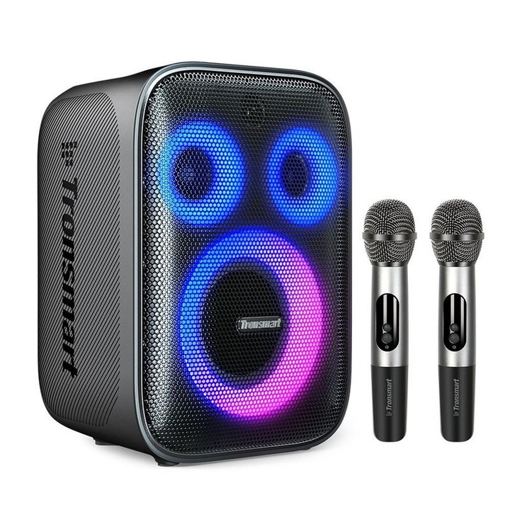 Boxa portabila karaoke Tronsmart Halo 200, 2 microfoane wireless, sincronizare audio, Autonomie 18 ore, Bluetooth 5.3, IPX4, Lumini LED RGB, Suporta intrare microfon si chitara cu fir, APP Control
