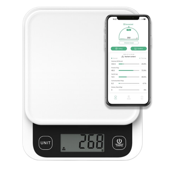 Cantar Electronic Bucatarie, Cantar de Ducatarie Inteligent, 24 Indici Nutritionali Mancare, Calculator Calorii, Proteine, Grasimi, Colesterol, Calcul Calorii Zilnic, Aplicatie IOS/Android, integrare Apple Health & Fitbit, Alimentatie Sanatoasa