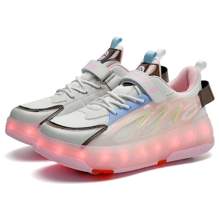 Role pentru copii,4 roti, cu roti detasabile patine sport, Cu LED, patine tenis, Roz stins, marimea 34