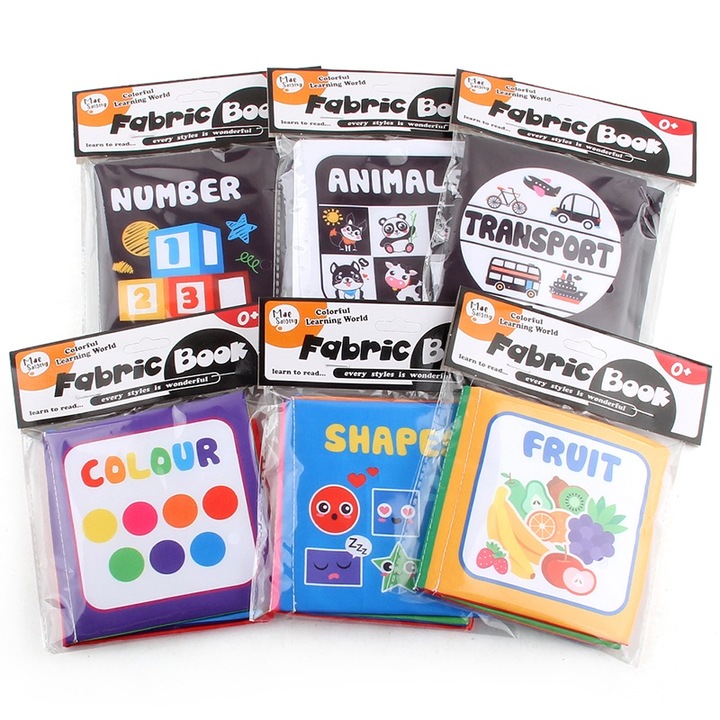 Carte moale pentru bebelusi, activitati educationale, set de 6, imagini vibrante, non-toxic