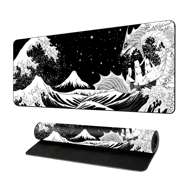 MousePad Gaming, Cauciucat, Anti-Derapant, Cusaturi Anti-Rupere, Viteza de Alunecare Marita, munti si mare, alb-negru, Potrivit pentru jocuri si birou, 80x30cm